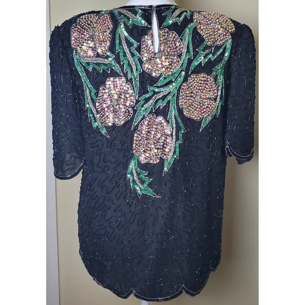 Vintage Scala Silk Beaded Sequin Floral Dark Romantic Glam Hollywood 80's Party - Picture 4 of 14